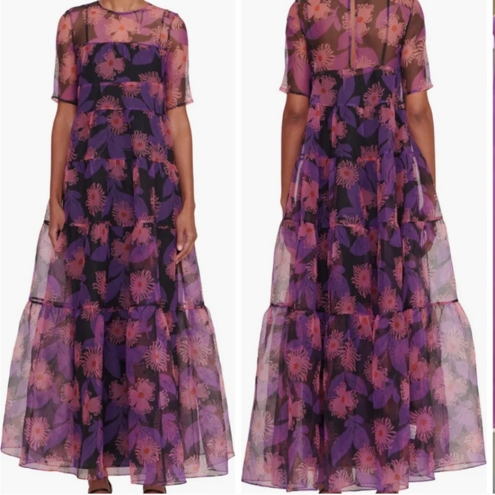 Staud Hyacinth Crepe Organza Tiered Maxi Dress in Quartz Acid Floral - Picture 4 of 12